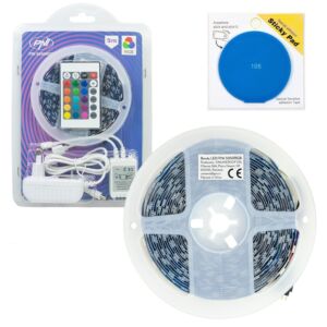 PNI 5050RGB LED-ribade pakett 300 LED-i, RGB, hämardatav, valgusefektid, 5 meetrit, IP20 ja sinine kleepuv padi komplektis