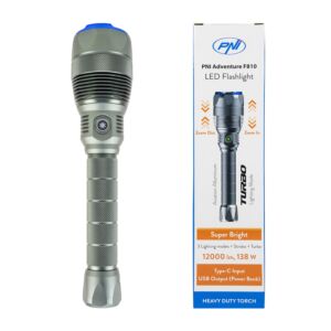 Taskulamp PNI Adventure F810 LED 138 W, 3 valgustustaset pluss Turbo, 12000 luumenit, suum, kuni 250 m, akutoitega.