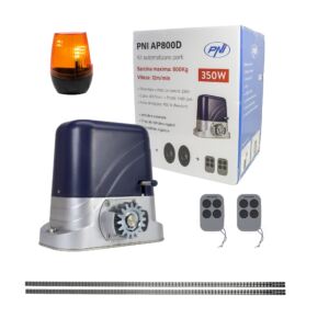 PNI AP800D väravaautomaatika komplekt sisaldab 4m mootoriraami, fotoelemente, kaugjuhtimispulti, lampi, 230V arendust 1100 N ja 8