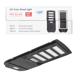 PNI SL130 20W tänavavalgustuse lamp, sisseehitatud 20W päikesepaneeliga, 6500K, 2900lm, 4 x sisseehitatud 20Ah aku, s
