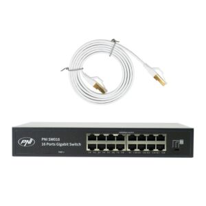 PNI SW016 kommutaatoripakett, 16 x 10/100/1000 Mbps, gigabitt, metallkorpus ja 1,5 m CAT8 kaabel PNI U8015W