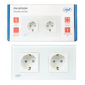 PNI WP202W sisseehitatud kahekordne pistikupesa, klaasraamiga, 16A, 2X3000W, 230V, valge