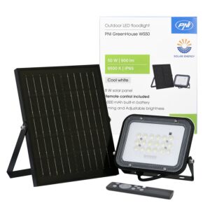 PNI GreenHouse WS50 50W LED-prožektor päikesepaneeliga, 6000mAh aku, kaugjuhtimispult, ajastus ja reguleeritav heledus,