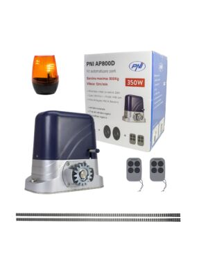 PNI AP800D väravaautomaatika komplekt sisaldab 4m mootoriraami, fotoelemente, kaugjuhtimispulti, lampi, 230V arendust 1100 N ja 8