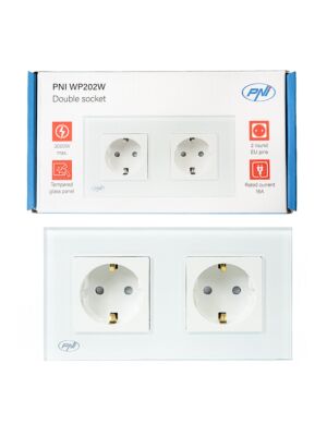 PNI WP202W sisseehitatud kahekordne pistikupesa, klaasraamiga, 16A, 2X3000W, 230V, valge